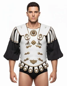 Men's Deluxe Roman Centurion Gladiator Costume Armor Chest Plate White & Gold - Picture 1 of 3