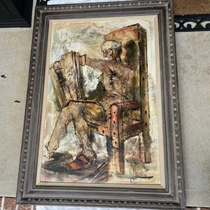 Original Artist Signed Oil Painting Canvas Framed 32 x 44” Vintage Man With Book - Picture 1 of 24