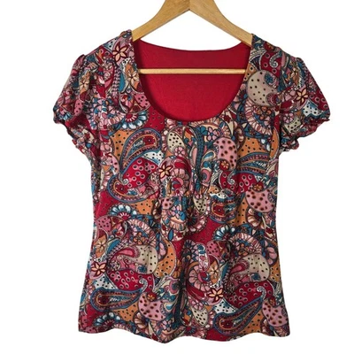 Womens Boho Paisley Print Scoop Neck Puff Sleeve Ruched Front Top Shirt Y2K - Image 1 of 3