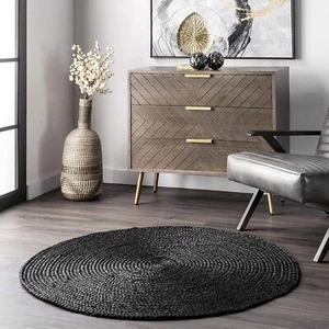 Handmade Braided Natual Pure Black Jute Round Area rugs,Floor Decor Carpet - Picture 1 of 4