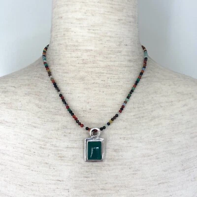 Sterling Silver 925 Multicolor Beaded Green Chrysoprase Pendant Necklace 18" - image 1 of 4