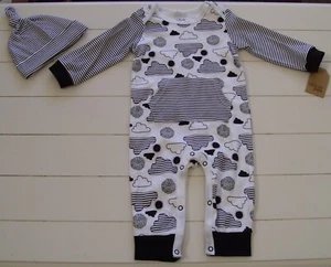 Boys Chick Pea 2 Pc White Black Stripe Cloud Footless Sleeper and Hat 6-9M - Picture 1 of 4