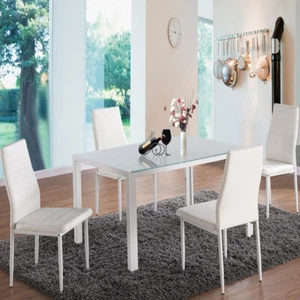 White Gloss Glass Dining Table with 4pcs Ribbed Faux Leather Chairs Kitchen Seat - Picture 1 of 9