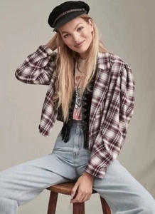 We The Free People Large Crop Blazer Karo Puff Shacket Flanell Indie Sleaze - Bild 1 von 17