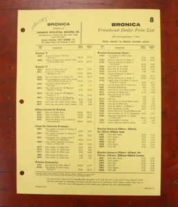 LISTA DE PRECIOS DE DISTRIBUIDOR BRONICA, SEPTIEMBRE 1965/183606 - Imagen 1 de 1