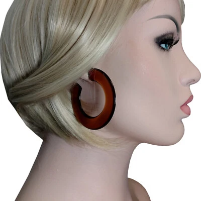 Lucite Faux Tortoise Brown Large Pierced Hoop Earrings 2 1/4" Surgical Steel - Image 1 of 4