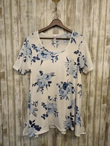 LuLaRoe A-line Tunic Top White Blue Floral Scoop Neck Side Slits Size Large  - Picture 1 of 9