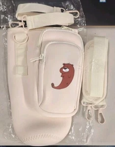 Beige Neoprene Insulated Bottle Carrier Shoulder Bag w/ Cartoon Pocket - Picture 1 of 6