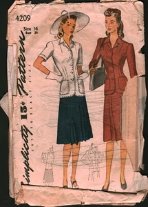 4209 Vintage Simplicity Sewing Pattern Misses 1940s Two Piece Dress 16 Shopping - Picture 1 of 2