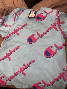 Champion Vintage All Over LOGO Blue 90’s 100% Cotton Size | Large - Picture 1 of 3