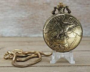Vintage Gold Eagle Patriot Pocket Watch with chain Quartz New Battery - Picture 1 of 3
