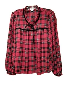 J. Crew PL Large Petite Red Plaid Top Cravatta collo velluto manica lunga - Foto 1 di 5