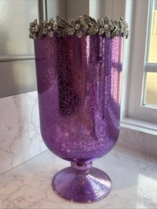 Purple Mercury Glass Hurricane Candle Holder Bejeweled Footed Vase 11.5” Tall - Picture 1 of 12