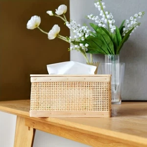 Tissue Box Cover Wooden Rattan Tissue Holder Storage Box Home Decor Rectangle US - Picture 1 of 10