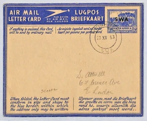 SOUTH WEST AFRICA Air Mail Scarce *SWA* Overprint Air Letter 1953 CDS Used ZC231 - Picture 1 of 8
