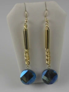 Blue Crystal Dangle Gold Tone Hook Earrings 3.25" Long - Picture 1 of 1