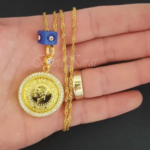 Atatürk Kette 22 Ayar Altin Kaplama Kolye Mavi Tas Münze Nazar Ceyrek Evil Eye - Bild 1 von 5