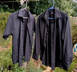 Pair T&W Shirts Sz 16 Strip Black Button Up Formal Long & Short Sleeve - Picture 1 of 4