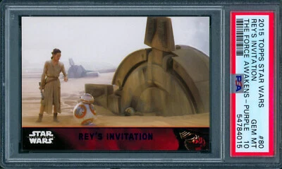 2015 Topps Star Wars TFA Purple Foil REY'S INVITATION Rey w/ BB-8 #80 PSA 10 - Image 1 of 2
