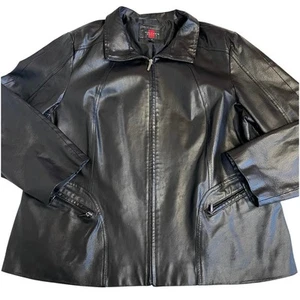 Gallery Woman Black Collared Zip Up Satin Lining Genuine Leather Jacket Size 2X - Picture 1 of 17