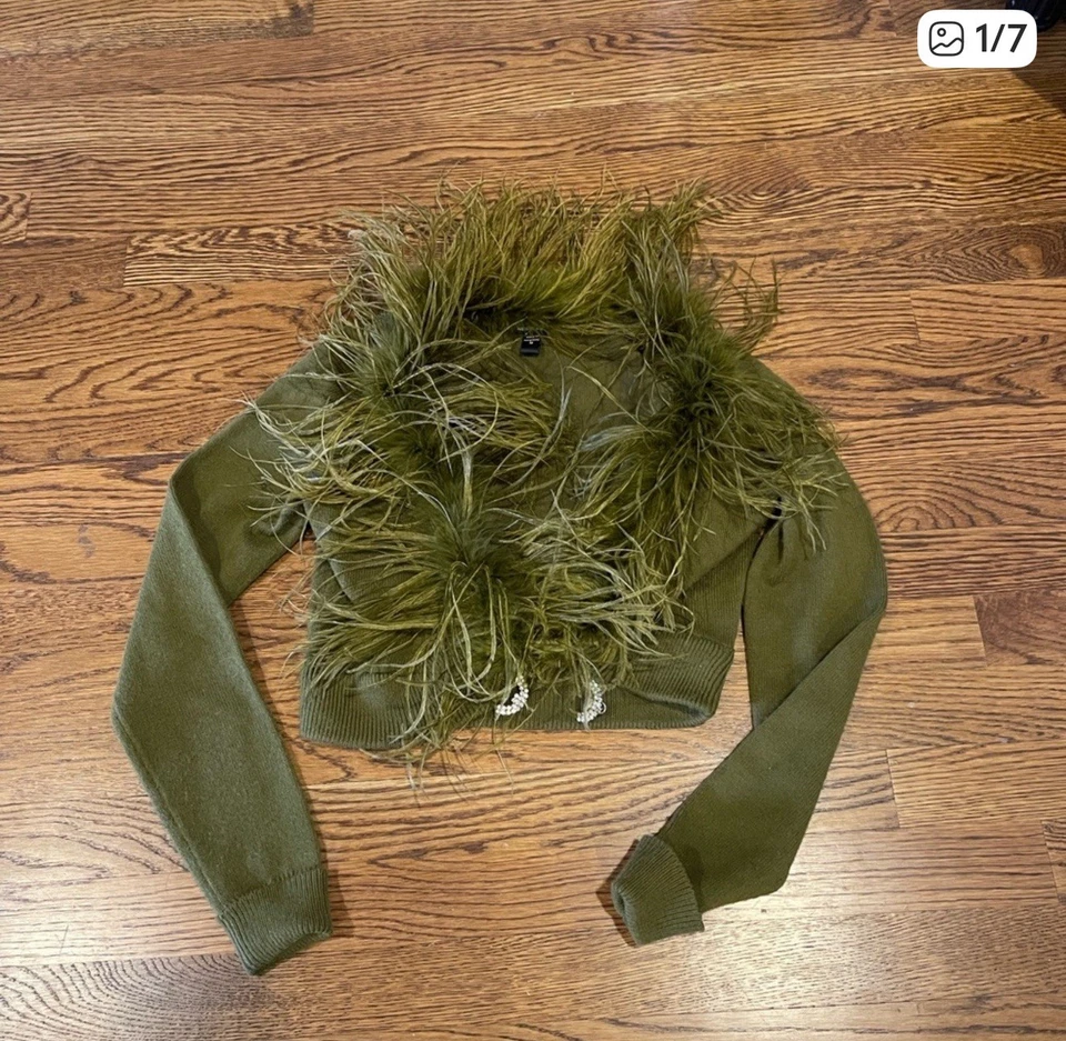 Rare  Vintage Betsey Johnson Cardigan with Ostrich Feathers And Rhinestone Clip. - Image 1 of 4