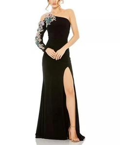 Mac Duggal One Shoulder Long Sleeve Floral Embellished Gown Size 8 Black - Picture 1 of 6