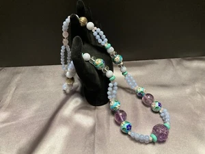 Rare Vtg Blue Enamel Silver Cloisonne Amethyst Turquoise Quartz Bead Necklace - Picture 1 of 13