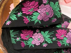 vintage jacquard 1940s embroidered ribbon silk 2.5" trim 1yd made in France - Picture 1 of 5
