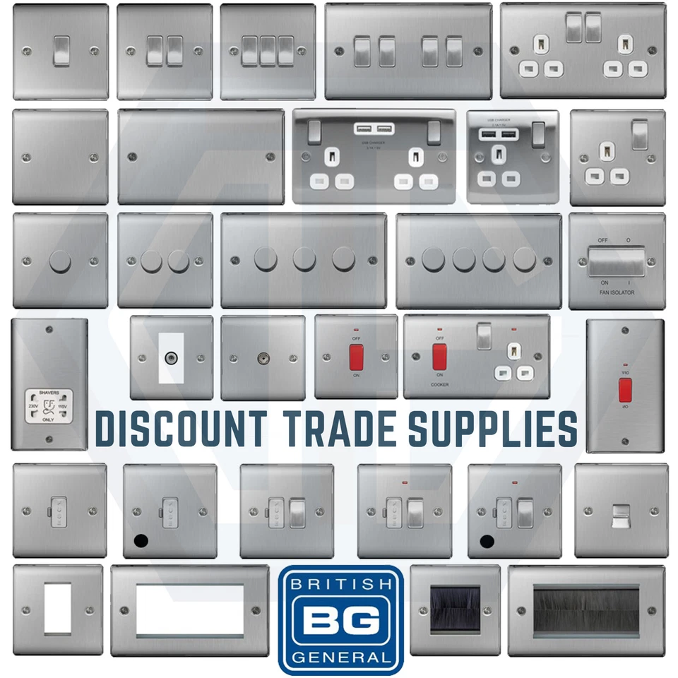 BG Nexus Brushed Steel Switches & Sockets Full Range Satin Chrome White Inserts - Image 1 of 1