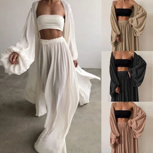 Women Suit Wrap Cardigan Tops Simple Three Piece Set Casual And High Waist Pants - Picture 1 of 15
