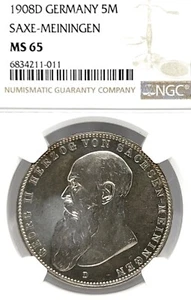 Germany Saxe-Meiningen 1908 D 5 Mark Coin Thaler Taler NGC MS 65 STG UNC TOP POP - Picture 1 of 3