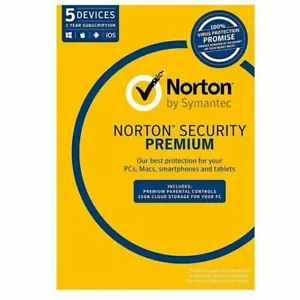 Norton Security Premium for Win, Mac & Android 5 Devices 1 Year eLicense DELUXE - Picture 1 of 8