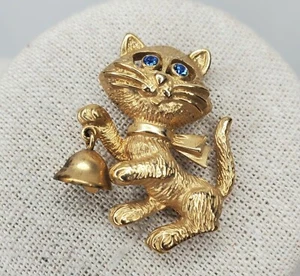 Vintage Katze Brosche goldfarben Kätzchen Anstecknadel Strass Augen funktionstüchtig Glocke Avon - Bild 1 von 8