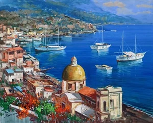 POSITANO PAINTING SUMMER SEASIDE ITALIAN PAINTER SOMMA AMALFITAN COAST WALL ART - Picture 1 of 11