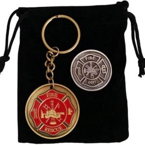 Firefighter - Key Chain Maltese Cross & Prayer Coin Fireman or Fire Department - Picture 1 of 7