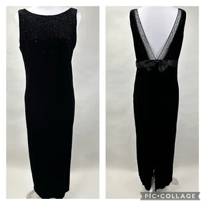 Molly Malloy Evening 8 Black Beaded Velour Slveless V-Neck Back Bow Sheath Dress - Picture 1 of 19