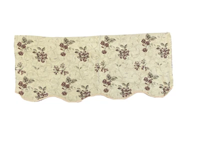 Vintage Woven Scalloped Valance Short Curtain Beige Burgundy Rose Floral Print - Image 1 of 4