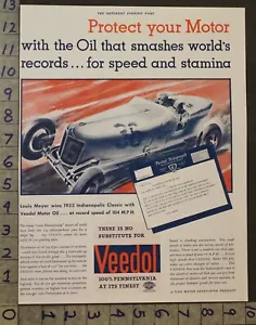 1933 AUTO AUTO CORSA DECO OLIO PETROLIO VEEDOL LOUIS MEYER INDIANAPOLIS ANNUNCIO 28564 - Foto 1 di 1