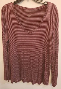 T-shirt donna American Eagle morbida e sexy bordeaux e bianca a righe manica lunga L - Foto 1 di 5