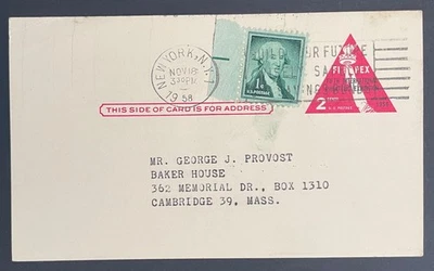 New York, New York FIPEX Postal Card #UX44, mailed Nov 18, 1958 w/#1031 - NY - Image 1 of 2