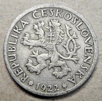 Czechoslovakia 1 One Koruna - 1922 - Czech Coin - Woman w/ Sheaf/Sickle - Image 1 of 2