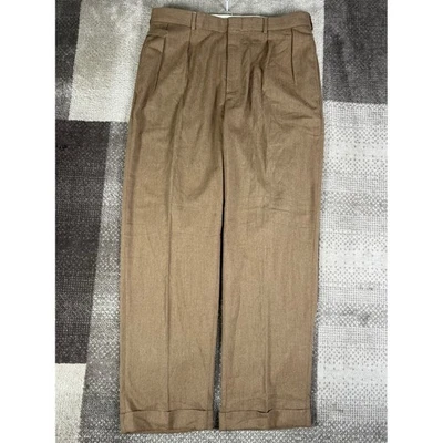 Polo Ralph Lauren Hombres Pantalones Plisados Caqui Mezcla Lana Puño Pantalones Talla 34x32 Foto 1 de 4