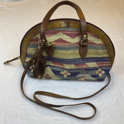 Bolso Bandolera Vintage Marco Avane Cuero Bordeado Tapiz Azteca del Suroeste Foto 1 de 4