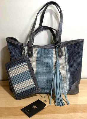 Frye Melissa Multi Carbon Stripe Woven Leather Shopper Tote Shoulder Bag & Pouch - Image 1 of 4