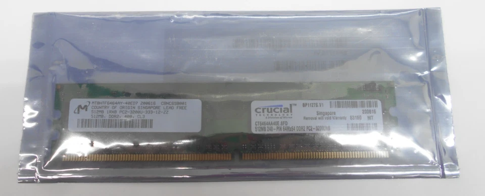 Crucial MT8HTF6464AY-40ED7 Memory Ram 512 MB 1RX8 PC2-3200U-333-12-ZZ DDR2 400 - Image 1 of 4