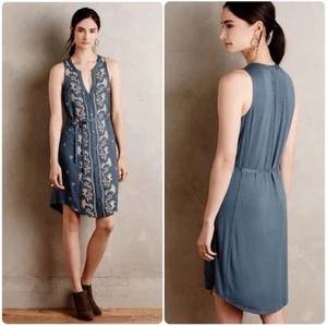 Anthropologie Floral Embroidered Syden Shirtdress by Tiny Teal Gold Belted XS - Picture 1 of 8