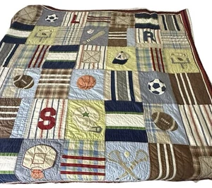 Pottery Barn Kids Patchwork Sports Quilt Blue Multicolor TWIN Blanket - Picture 1 of 8