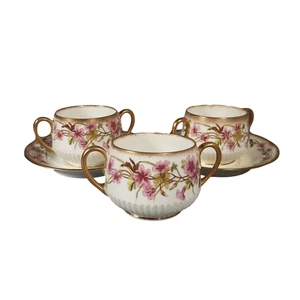 Antique George Jones Crescent Bouillon Soup Cup Saucer Sets - HP Pink Flowers - Picture 1 of 9