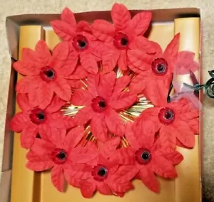 Topper albero stella 10 luci 8,5" Poinsettia fiori di seta con orpello, luci rosse 125V - Foto 1 di 5