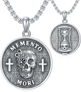 Sterling Silver Memento Mori Necklace for Men Women Skull Pendant Death Reminder - Picture 1 of 7